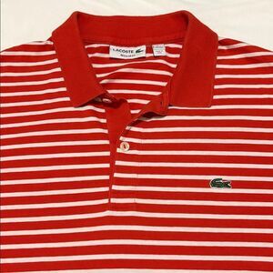 Lacoste Men's Polo in Red-Orange and White Stripes Y2k Preppy